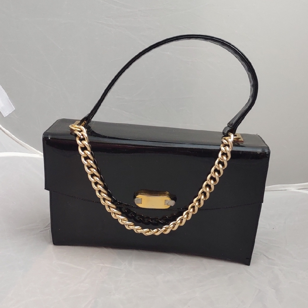 Vintage Coblentz Patent Black Top Handle Bag with Gold Accents